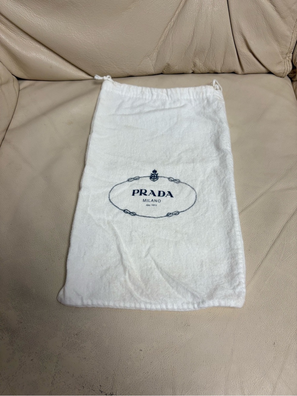 Prada Small White Drawstring Dust Bag 13 x 8 Navy Logo
